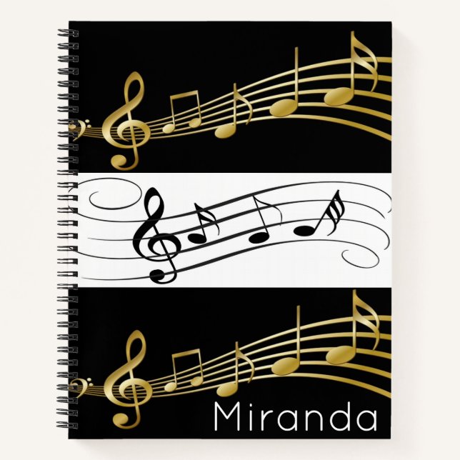 Spiral Notebook-Schwarz-weiß-Gold-Musiknoten Notizbuch (Vorderseite)