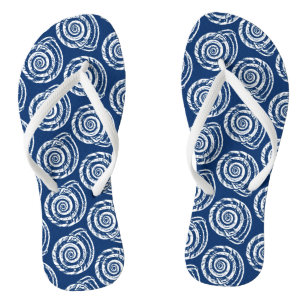 Spiral Seashell Block Print, Cobalt Blue und White Flip Flops