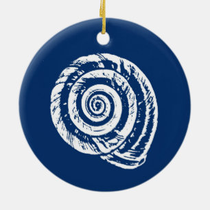 Spiral Seashell Block Print, Cobalt Blue und White Keramik Ornament