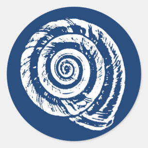 Spiral Seashell Block Print, Cobalt Blue und White Runder Aufkleber
