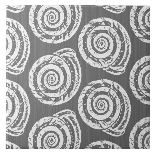 Spiral Seashell Block Print, grau / grau und weiß Fliese (Vorderseite)
