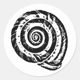 Spiral Seashell Block Print, Schwarz/Weiß Runder Aufkleber