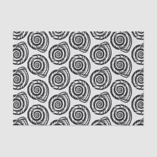 Spiral Seashell Block Print, Schwarz/Weiß Seidenpapier (Vorderseite)