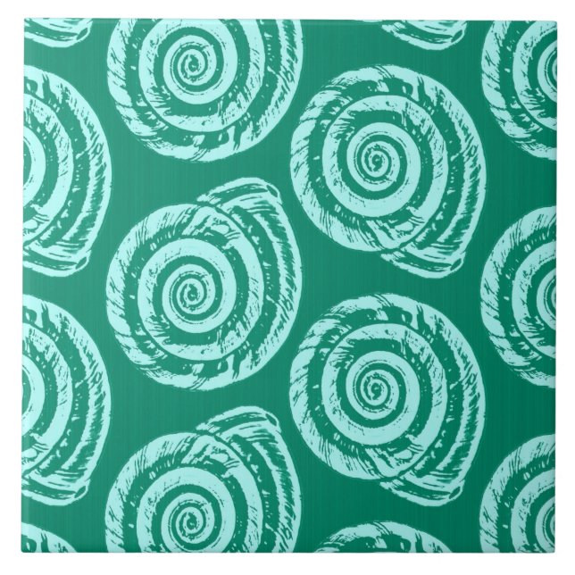 Spiral Seashell Block Print, Türkis und Aqua Fliese (Vorderseite)