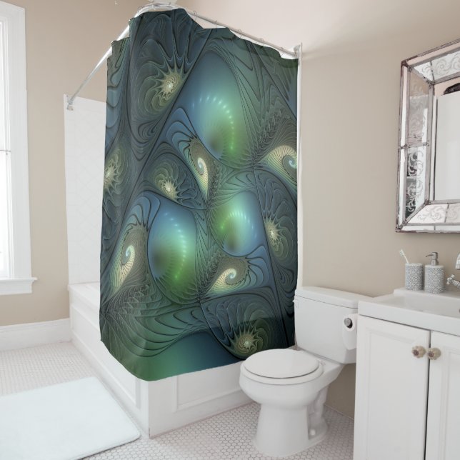 Spiralen Aquamarin Beige Grün Abstraktes Fraktal K Duschvorhang (Beispiel)