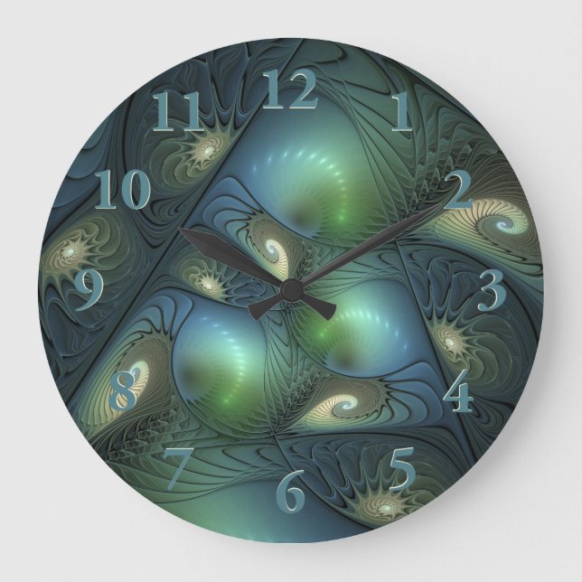 Spiralen Aquamarin Beige Grün Abstraktes Fraktal K Große Wanduhr (Vorderseite)