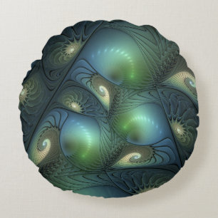 Spiralen Aquamarin Beige Grün Abstraktes Fraktal K Rundes Kissen