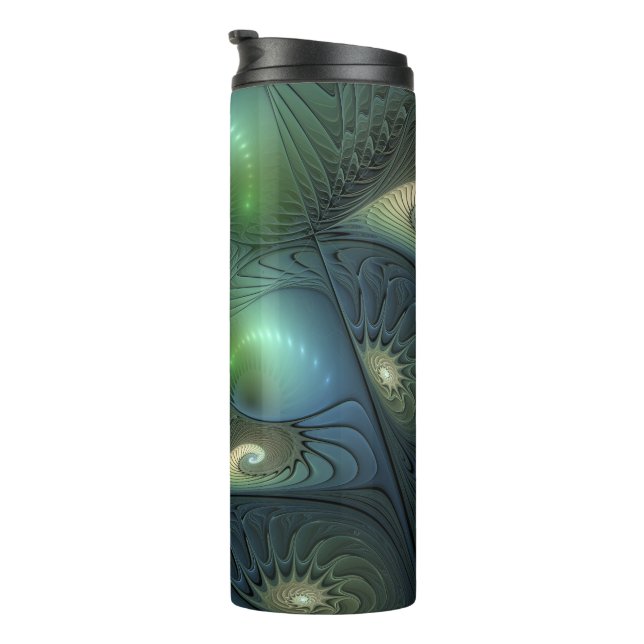 Spiralen Aquamarin Beige Grün Abstraktes Fraktal K Thermosbecher (Nach rechts gedreht)