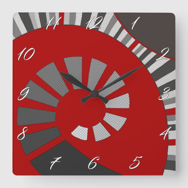 Spiralform, abstrakt, Polka-Punkte, Graustufen, Ro Quadratische Wanduhr (Vorderseite)