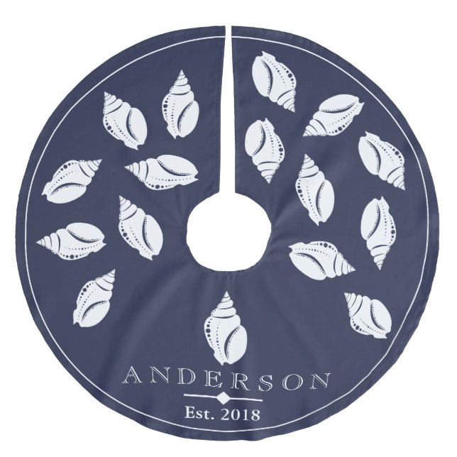 Spiralküste Seashell & Navy Blue | PERSONALISIERT Polyester Weihnachtsbaumdecke (Vorderseite)