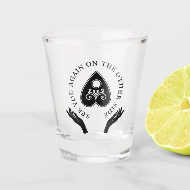 Spirit Board Black & White Halloween Gefallen Schnapsglas (Vorderseite)