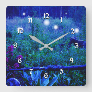 Spirit Lights Blue Night Marsh Meadow will o Wisp Quadratische Wanduhr