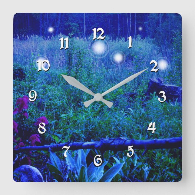 Spirit Lights Blue Night Marsh Meadow will o Wisp Quadratische Wanduhr (Vorderseite)