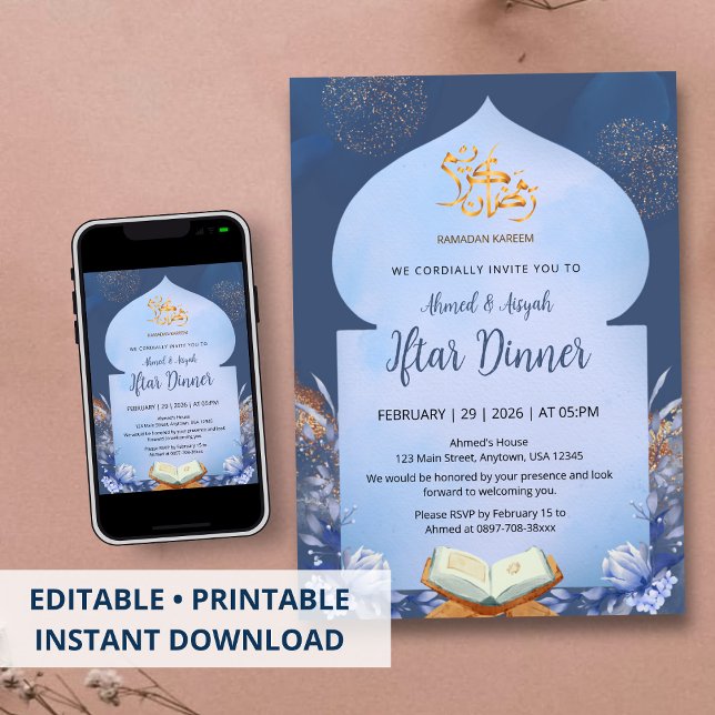 Spiritual Blue Watercolor Iftar & Quran Invitation Einladung (Von Creator hochgeladen)
