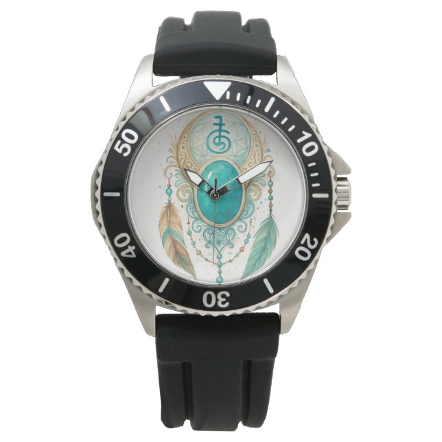 Spiritual Reiki Clock with Turquoise Gem & Sei He  Armbanduhr (Vorderseite)