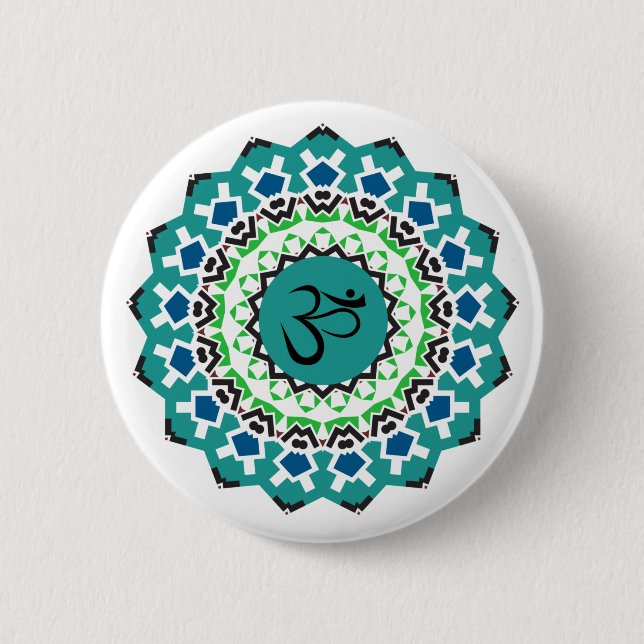 Spirituelle Mandala Yoga Om Symbol Türkis Blau Button (Vorderseite)