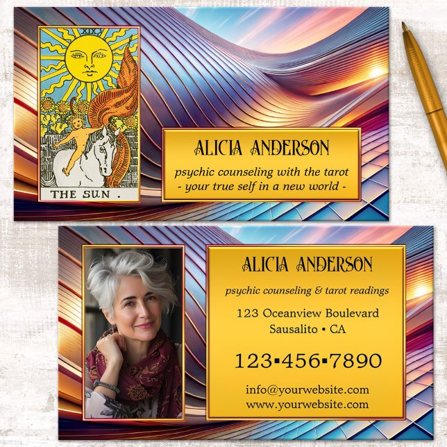 Spirituelles Psychisches Visionäres Tarot Foto Visitenkarte (Tarot business card featuring a colorful visionary abstract metallic design with your custom photos)