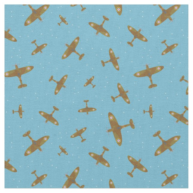 Spitfire-Flugzeugmuster auf hellblau Stoff (Nahaufnahme)
