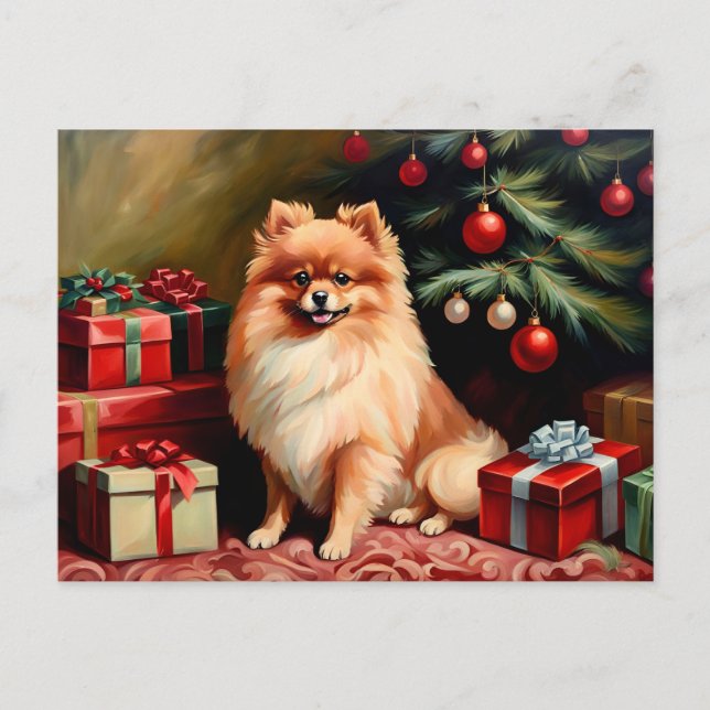 Spitz am Weihnachtsbaum Postkarte (Vorderseite)