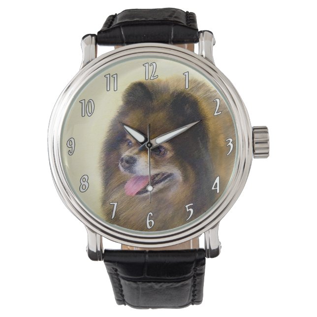 Spitz Black and Tan Malerei Original Hunde Kunst Armbanduhr (Vorderseite)