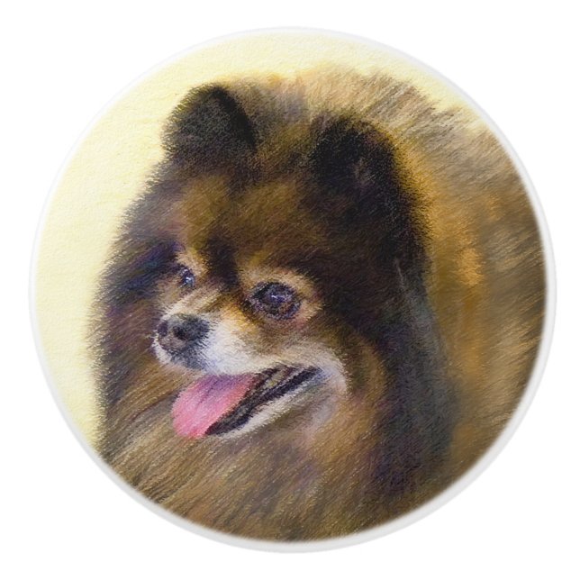 Spitz Black and Tan Malerei Original Hunde Kunst Keramikknauf (Vorderseite)