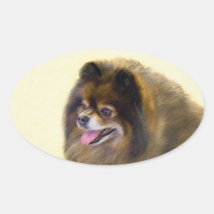 Spitz Black and Tan Malerei Original Hunde Kunst Ovaler Aufkleber