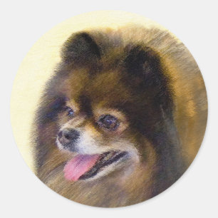 Spitz Black and Tan Malerei Original Hunde Kunst Runder Aufkleber