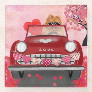 Spitz Dog Car mit Herzvalentiner Glasuntersetzer