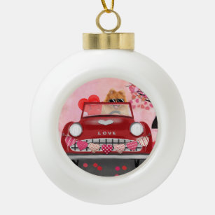 Spitz Dog Car mit Herzvalentiner Keramik Kugel-Ornament