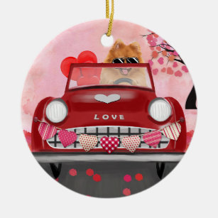 Spitz Dog Car mit Herzvalentiner Keramik Ornament