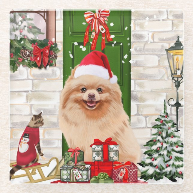 Spitz Dog Christmas Glasuntersetzer (Vorderseite)