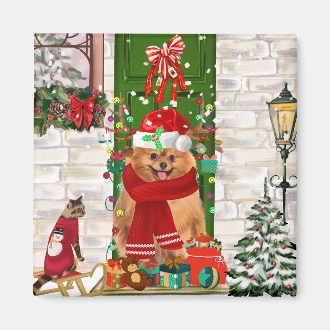 Spitz Dog Christmas Magnet (Vorne)