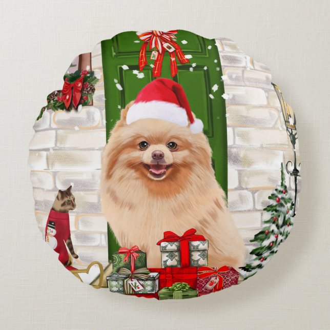 Spitz Dog Christmas Rundes Kissen (Vorderseite)