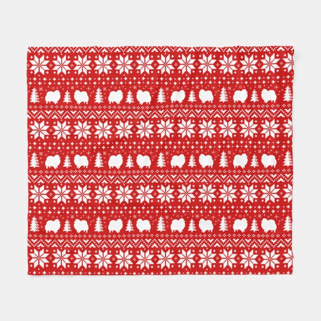Spitz Dog Silhouetten Weihnachtsmuster Rot Fleecedecke (Vorderseite (Horizontal))