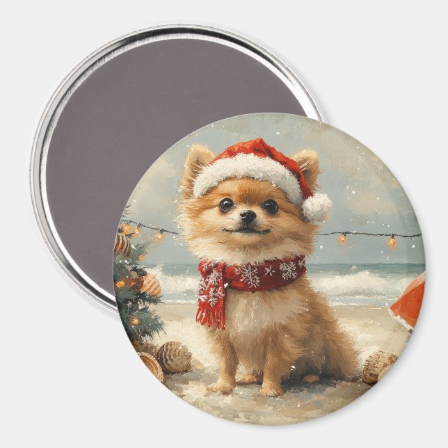 Spitz Dog Vintager Strand Magnet (Vorderseite/Rückseite)