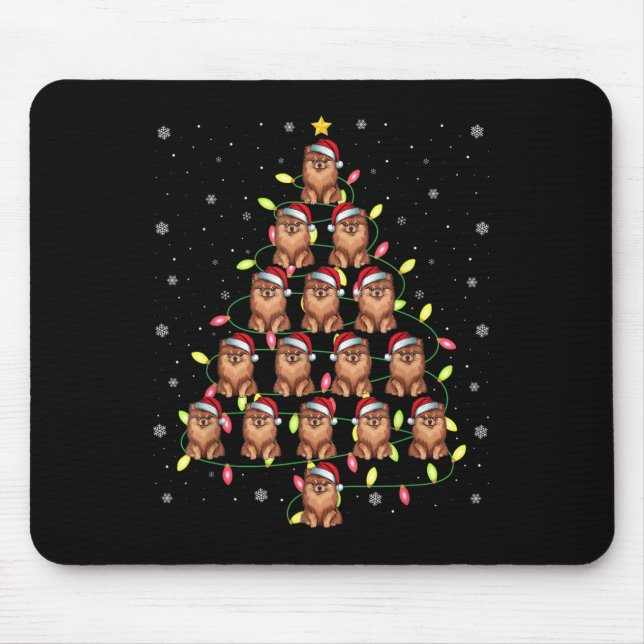 Spitz Dog Weihnachtsbaum Lichter Ugly Sw Mousepad (Vorne)