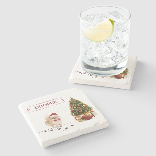 Spitz Funny Christmas Dog mit Baum Steinuntersetzer (Seitenansicht)