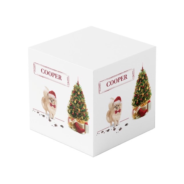 Spitz Funny Christmas Dog mit Baum Würfel (Vorderseite Schrägansicht)