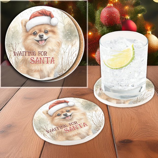 Spitz Gewartet Weihnachten Getränkeuntersetzer (Personalize this Pomeranian Waiting For Santa Watercolor Christmas Coaster for dog loving friends.)