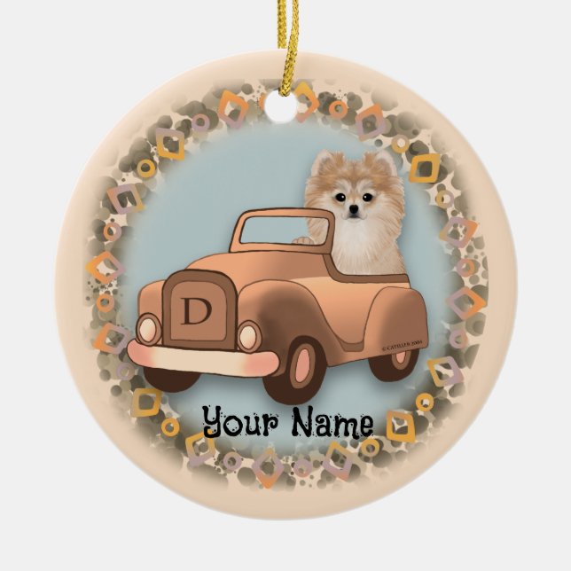 Spitz Hund Auto fahren Keramik Ornament (Vorne)