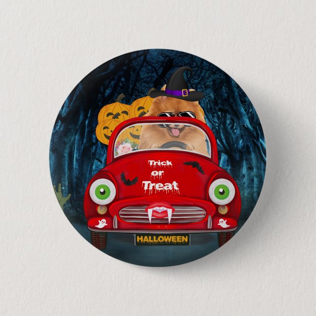 Spitz Hund Autofahren Auto Beängstigend Halloween Button (Vorderseite)