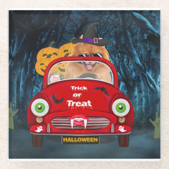 Spitz Hund Autofahren Auto Beängstigend Halloween Glasuntersetzer (Vorderseite)