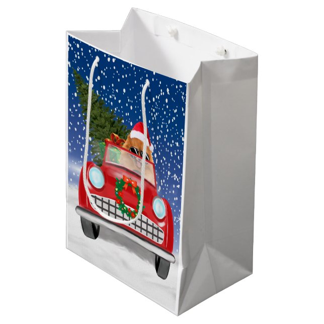 Spitz Hund Autofahren im Schnee Weihnachten Mittlere Geschenktüte (Vorderseite Schrägansicht)