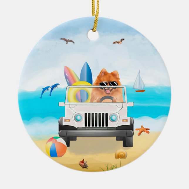 Spitz Hund fahren am Strand Keramik Ornament (Vorne)