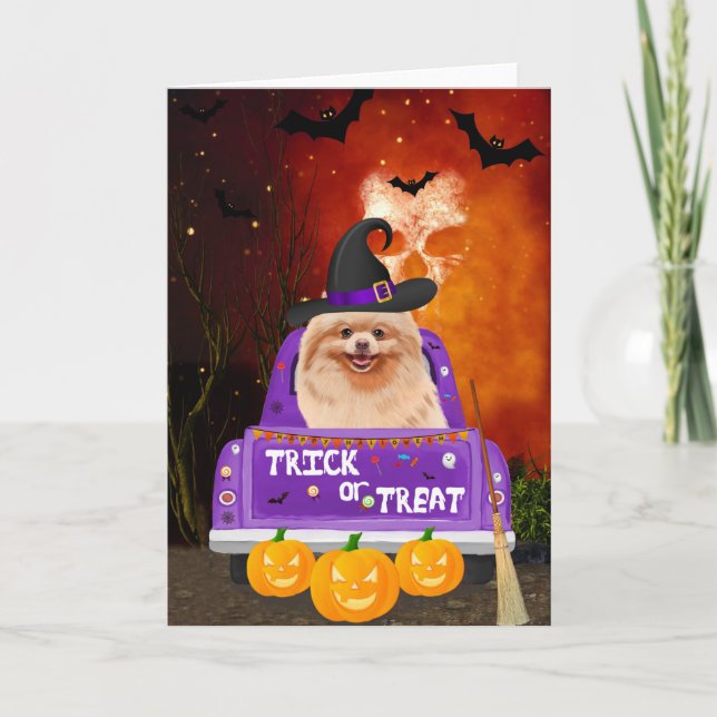 Spitz Hund im Halloween-Lkw Karte (Vorderseite)
