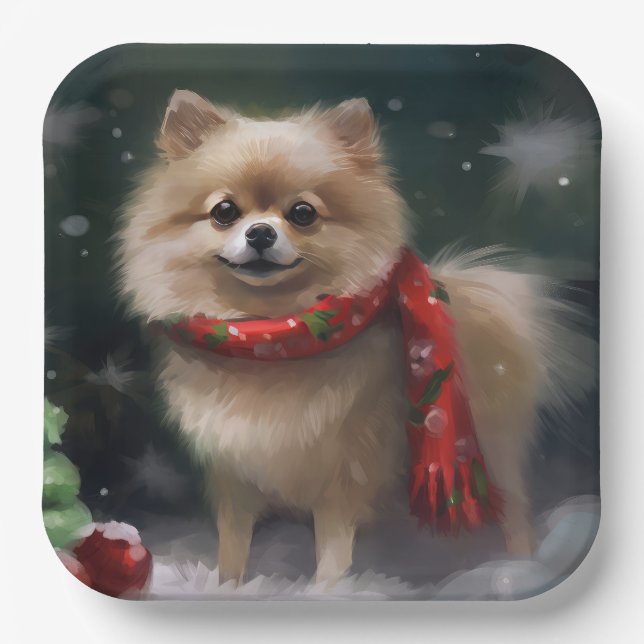 Spitz Hund im Schnee Weihnachten Pappteller (Vorderseite)