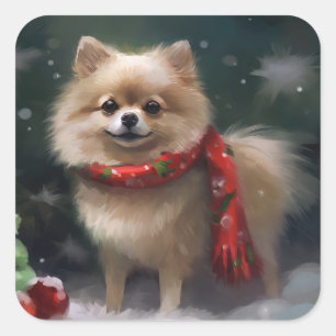 Spitz Hund im Schnee Weihnachten Quadratischer Aufkleber