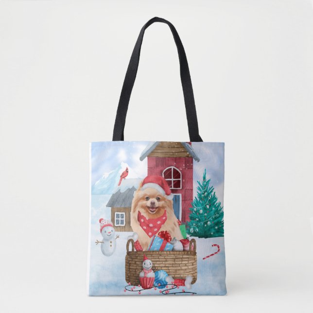 Spitz Hund im Schnee Weihnachts-Hundeschlitten wer Tasche (Vorderseite)