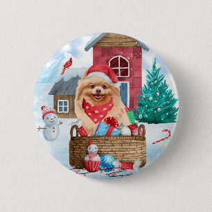 Spitz Hund im Schnee Weihnachtshundehaus Button