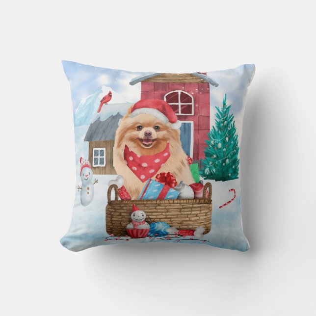 Spitz Hund im Schnee Weihnachtshundehaus Kissen (Vorderseite)